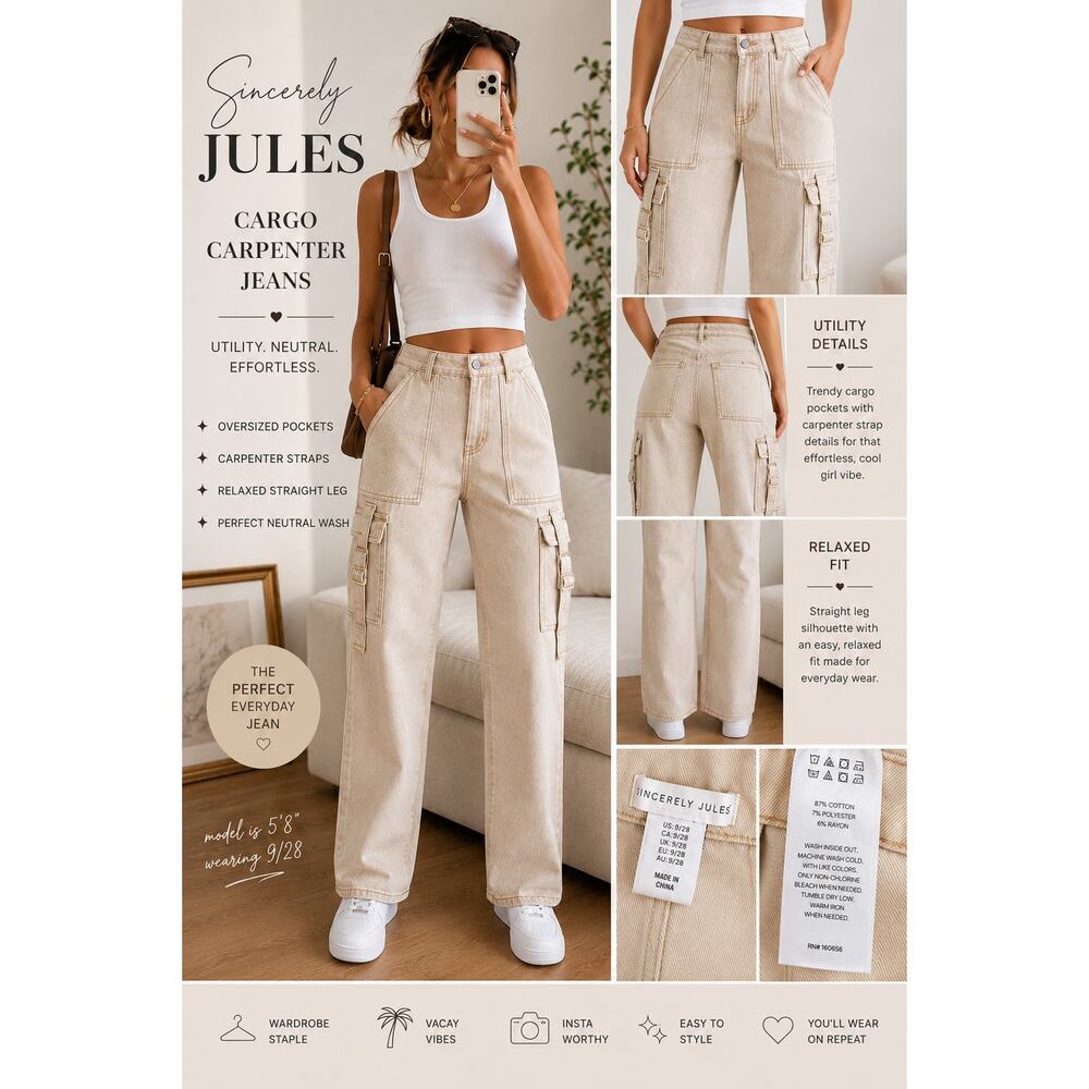 Sincerely Jules Beige Cargo Carpenter Straight Leg Utility Jeans 9/28